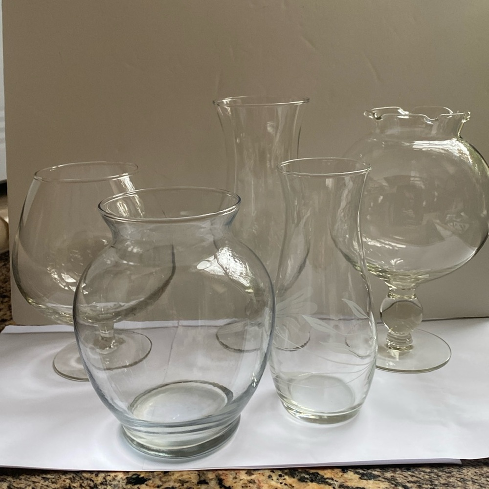 Vintage lot of clear glass vases. You get all 5.